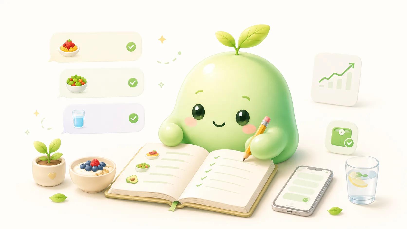 Le personnage de Nuvvoo écrit dans un journal alimentaire ouvert, entouré de bulles de chat avec des repas et des boissons — une approche calme et conviviale du suivi alimentaire pour la perte de poids