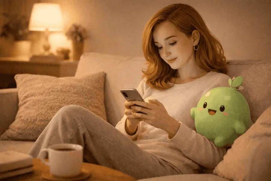 Person relaxed on couch tracking food habits on phone with Nuvvoo — building a consistent calorie tracking habit