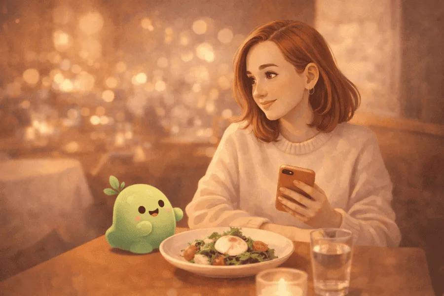 Describing a restaurant meal to Nuvvoo instead of taking a photo — conversational AI calorie tracking at dinner